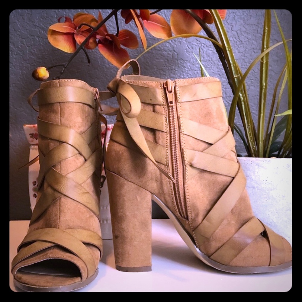 Fashion Nova Tan Strappy Booties